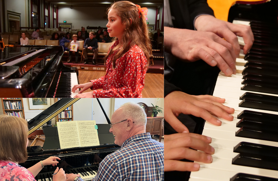 A collage of three image - on the top left is a young personplaying the piano, the bottom left there is an older person having a piano less and on the right hand side are two sets of hands, younger and adult, playing the piano